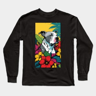 American Staffordshire Terrier PitBull Dog Vibrant Tropical Flower Tall Retro Vintage Digital Pop Art Portrait 8 Long Sleeve T-Shirt